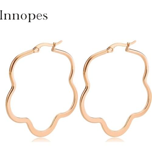 Innopes fashion rose gold hoop earrings for woman titanium geometric heart earrings korean flower exaggerated earings jewelry
