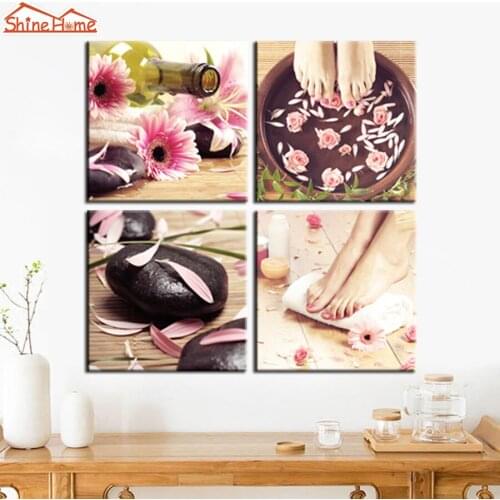 ShineHome-4pcs Canvas Prints Modular Painting Yoga Spa Treatment Zen Stone Body Salon Nail Massage for Hands Feets Art Picture