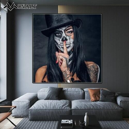 Tattoo Skull Girl Black Hat Modern Canvas Posters and Prints Sexy Woman Fashion Figure Painting square Room Decorative Picture