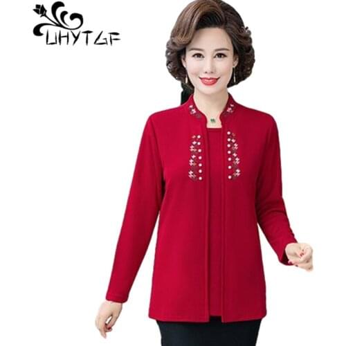 UHYTGF New Knitted Cardigan Women Tops Fashion Fake Two-Piece Pullover Casual Autumn T Shirt Female Loose Plus Size Jacket 1472