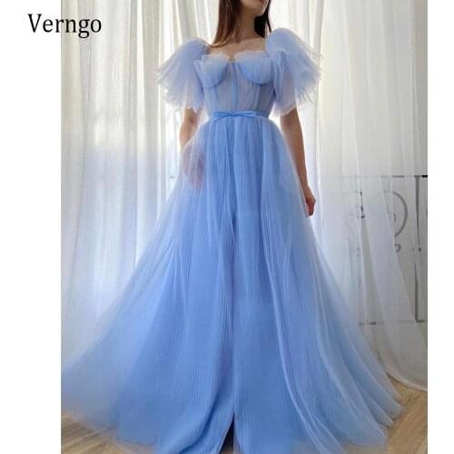 Verngo 2021 Elegant Baby Blue Pleated Tulle Prom Dresses Short Layered Sleevees Front Side Floor Length Long Evening Gowns