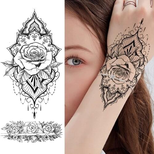Black Flower Temporary Tattoos Sticker Realistic Fake Jewelry Decoration Tatoo For Women Body Art Painting Hands Arm Tatoo Decal