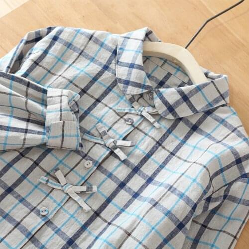 Lamtrip Unique Bow Kawaii Plaid Peter Pan Collar Long Sleeve Shirt Blouse