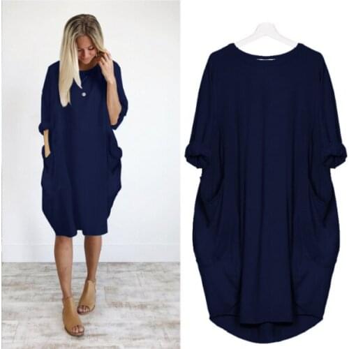 Womens Pocket Loose Dress Ladies Crew Neck Casual Long Tops Dress Plus Size Robe de femme дамское платье Grande robe