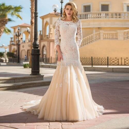 Winter Champagne Mermaid Wedding Dresses 2021 Long Sleeves Soft Lace Appliques Floor Length Vestidos De Noiva Formal Bridal Gown