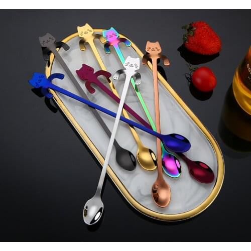 304 stainless steel spoon creative cartoon hanging cup spoon long handle cat stirring coffee tea mug spoon kitchen utensils