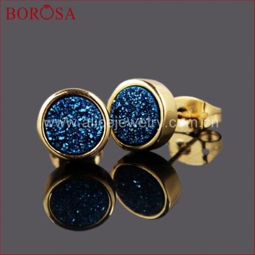 BOROSA Free Shipping 8mm Gold Color Blue Natural Crystal Druzy Titanium Druzy Stud Earrings Fashion Drusy Geode Earring 198-1