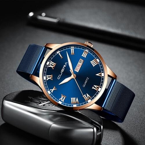 CUENA Mens Stainless Steel Magnetic Net with Calendar Watch Mens Casual Quartz Luxury Wristwatch Men Military Military Watches