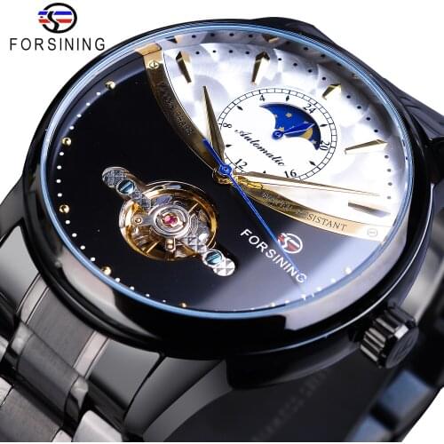 Forsining Vintage Mechanical Watch Men Automatic Black Tourbillon Moon Phase Stainless Steel Band Business Watches Clock Relogio