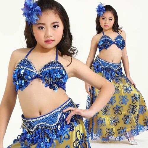 2018 Children Professional Belly Dancing Clothes 3-piece Oriental Outfit Bra, Belt, Skirt Girls Belly Dance Costume Set for Kids