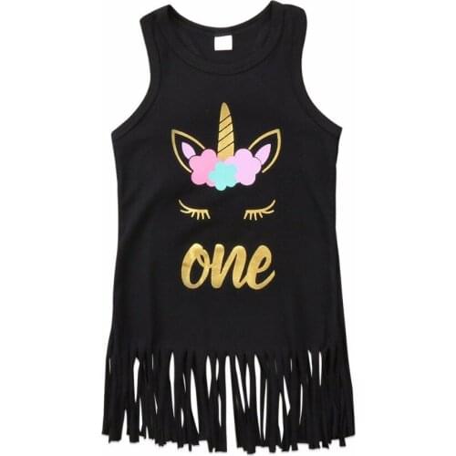 Pretty Baby Girls Dress ONLY One Latest Cotton Black Unicorn Tassel Sleeveless Dresses Kids Girls Casual Party Clothes