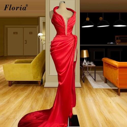 Long Red Mermaid Evening Dresses Long Sexy Evening Gowns With Side Split Women Celebrity Dresses Evening Wear Robe Femme