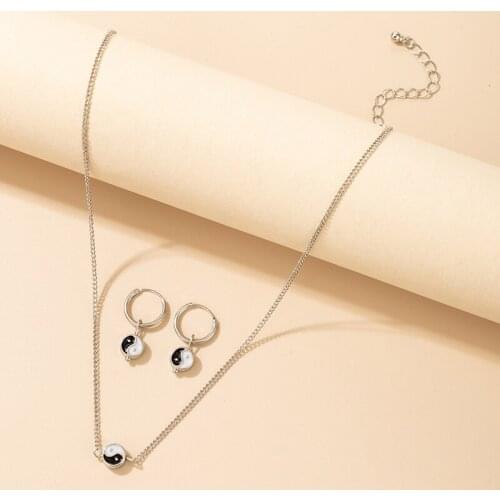 Docona New Trendy Tai Chi Hoop Earrings for Women Punk Dripping Oil Metal Alloy Chain Necklace Ladies Party Jewelry Set 18608