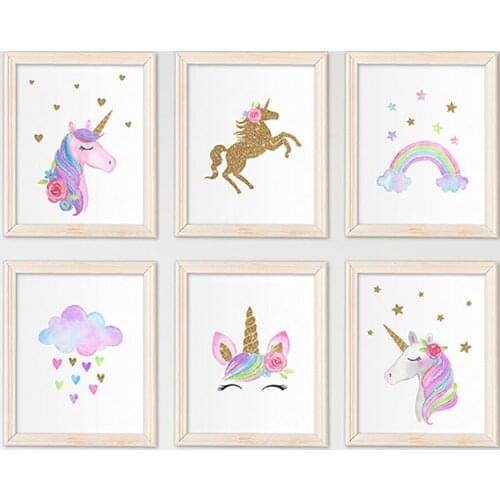 Home Decor Nordic Style Canvas Modern Unicorn Rainbow Painting Pictures Wall Art Print Watercolor Modular Poster For Living Room