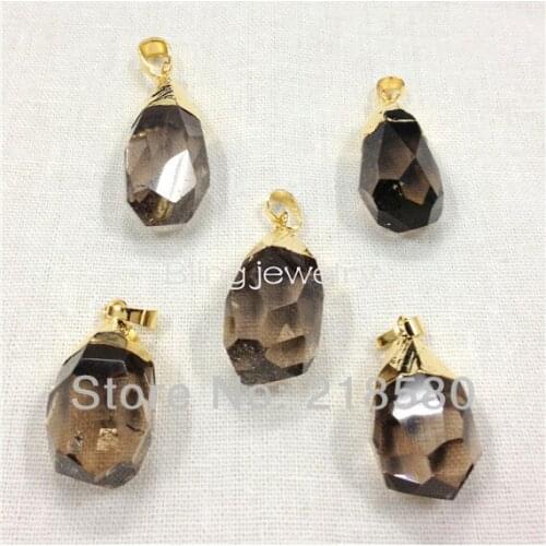 H-SQ02 Faceted Crystal Smoki Quartz Water Drop Pendant with Gold or Silver Color Approx 35mm