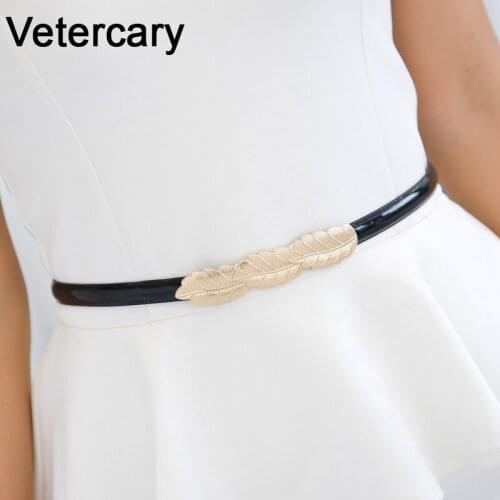 Classic design female minimalist thin womens belt adjust woman fashion black bright leather belts gold leaf buckle big leaves