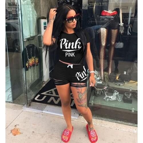 Summer Casual C Letter Print Clothing Set Street Women T-Shirts Drawstring Shorts Suits 2pcs Outfit Female Pink Tee Shorts Sets