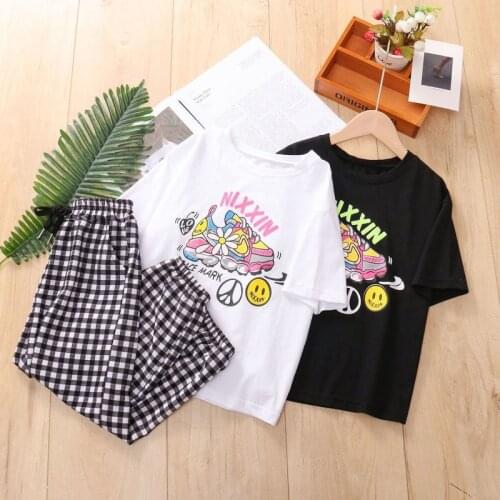 Summer Clothes New Baby Girl Casual Short Sleeve Suits Girls Fashion Plaid Cropped Pants + T-shirt Two-piece Kids Clothing Set