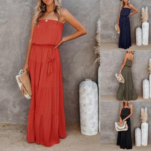 Hot kf-Womens Summer Tube Top Lace Stitching Sexy Backless Dress Solid Color Fashion Long Dress