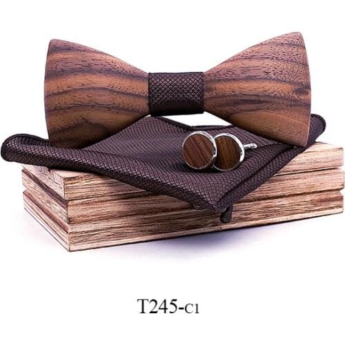 Linbaiway Adult Wood Bow Ties for Mens Striped Wooden Bowtie Polyester Handketchief Men Wedding Cufflinks Neckwear Gravata Set