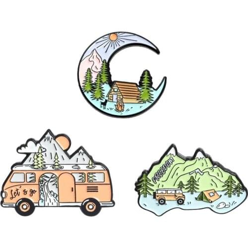 Cartoon Mountain Moon Tent Motorhome Brooches Go Camping Enamel Pins Bag Lapel Badges Outdoors Jewelry Gift for Kids Friends