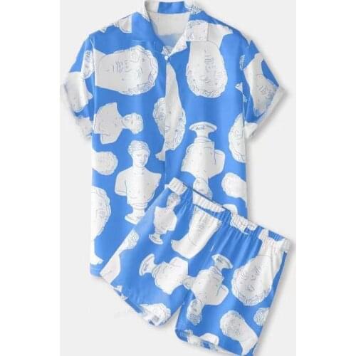 2 Piece Men Sculpture Print Clothing Set Hawaiian Style Beach Seaside Short Sleeve Lapel Neck Shirt+Elastic Waist Shorts