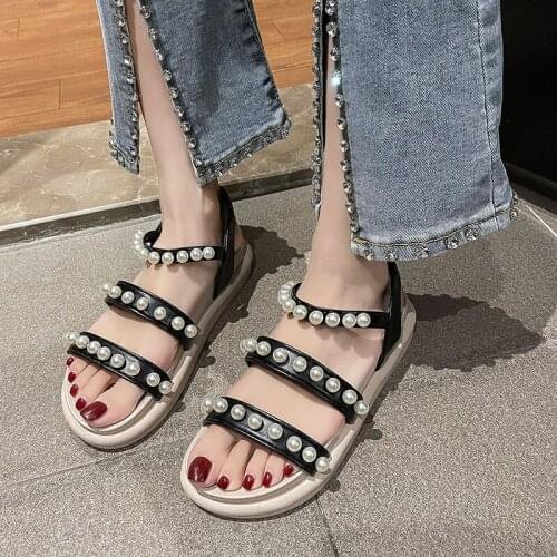 2021 Summer New Stick Pearl Sandals Womens Fashion Flat Womens Platform Sandals