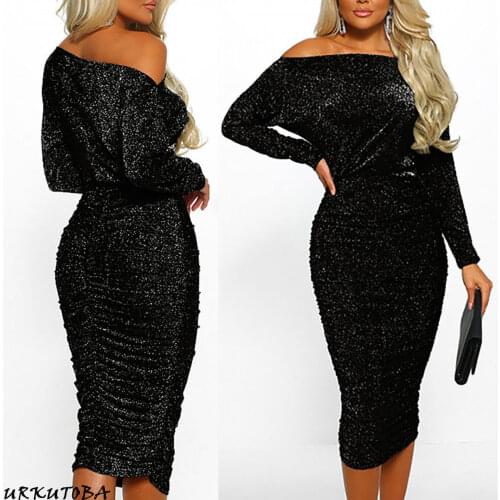 New arrival sexy solid Off Shoulder slim Elegant Women Sexy Boat Neck Glitter Bodycon Dress Evening Party Formal Dress