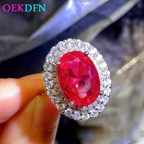 OEKDFN Trendy 100% 925 Sterling Silver Rings Oval Ruby Created Moissanite Gemstone Wedding Engagement Vintage Ring Fine Jewelry