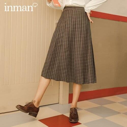 INMAN Autumn Winter Retro Literary Pleated High-waist Long-length Plaid School Skirt