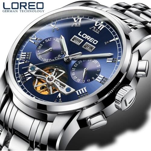 Luxury LOREO Brand Men Watch Male Self-wind Waterproof Stainless steel Automatic Mechanical Blue Fashion Tourbillon Watches Mens