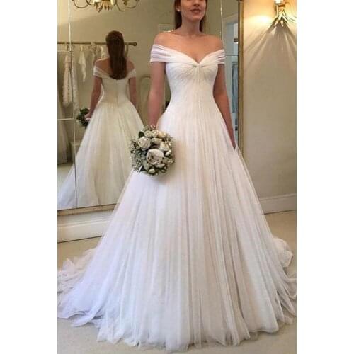 Modest Design Off The Shoulder Wedding Dresses A Line Open Back Tulle Zipper Pleat Sweep Train Bridal Dress