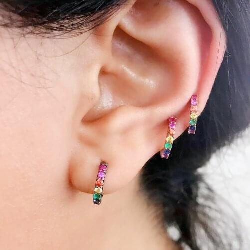 Classic Minimal Vermeil Hoop Earring with Rainbow Colorful Cubic Zirconia Rose Gold Color 925 Sterling Silver Hoop Earring Daily