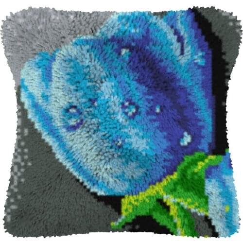 Blue Rose Pillow Case Canvas Acrylic Yarn Latched Hook Pillow Kits Crochet Cushion Cover Latch Hook Cushion