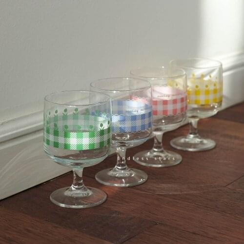 French Style Girl Heart Plaid Glass Water Cup Vintage Goblet Dessert Cup round Printing220ml One Cup Multi-Purpose Fresh Cute