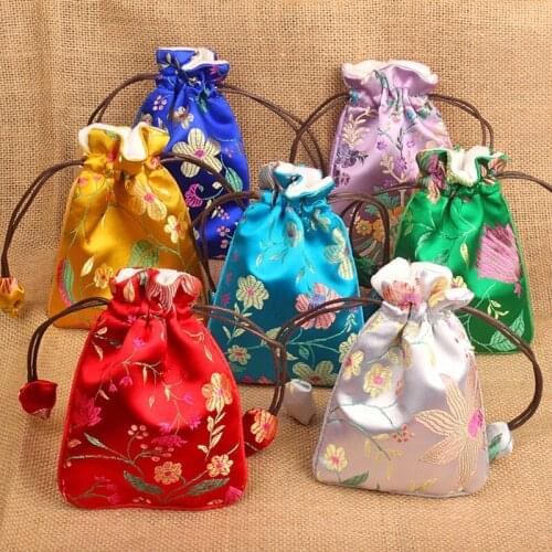 New Elegant Flower Thicken Drawstring Pouch Silk Brocade Jewelry Bag Gift Packaging Velvet lining Coin Purse Wedding Party Favor
