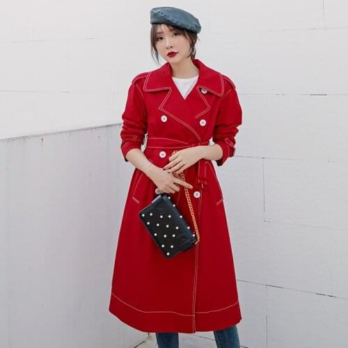 YIGELILA Autumn Red Coats Double-breasted Long Trench Coat Casual Elegant New Womens With Belt Outwear Fashion Coats 9983
