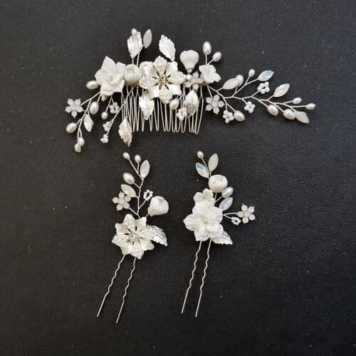 SLBRIDAL Handmade Crystal Rhinestone Freshwater Pearls Flower Bridal Hair Comb Hair Pin Set Wedding Hair Accessory Women Jewelry