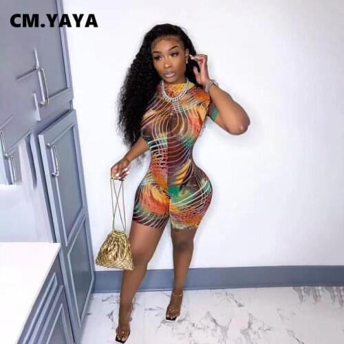CM.YAYA Women Playsuit Print Short Sleeve O-neck Strechy Bodycon Playsuits Sexy Fashion Rompers One Piece Overalls Summer Outfit