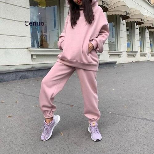 Two Piece Casual Fleece Tracksuit Womens Sets Oversized Hooded Long Sleeve Women Hoodie Suit Winter Solid Sport Pants Lady Set
