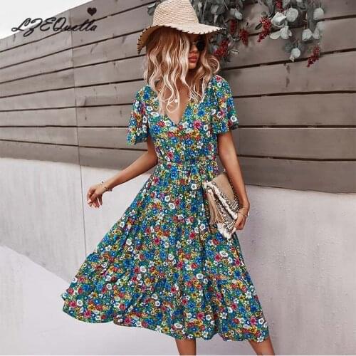 Women Fashion Floral Print Sashes Boho Long Dress Sexy V Neck High Waist Short Sleeve Ruffled Beach Dresses Ladies Vestidos