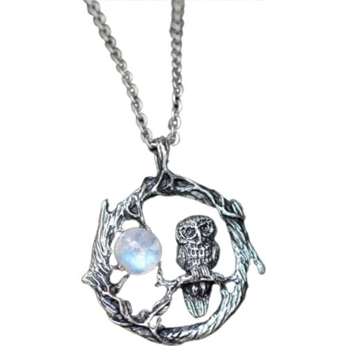 Simple Moonstone Necklace Silver Color Owl Pendant Necklaces For Women Female Charm Witch Party Jewelry Statement Necklace