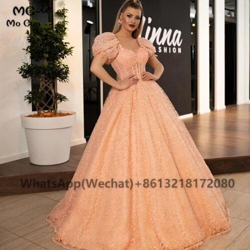 2021 Ball Gown Evening Dresses Long Prom Gown Cap Sleeves Tulle Appliques Flowers Dubai Saudi Arabic Evening Dress