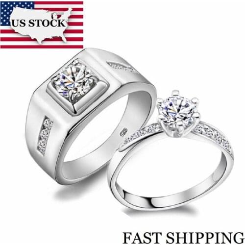 US STOCK 50% off A Pair Wedding Couple Rings for Men and Women Silver Color Engagement Ring for Love Jewelry Uloveido J473