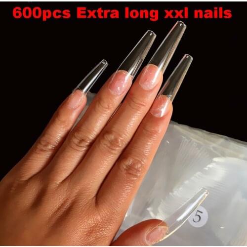 600pcs XXL Extra Long Clear/Natural Color Coffin False Nails Tips Full Cover Press on Nails Fake Nails Tips Salon Manicure DIY