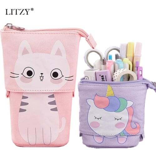 Cute Cat School Pencil Case for Girls Boy Pencilcase Canvas Cartridge Pen Bag Kawaii Unicorn Pen Box Korean Stationery