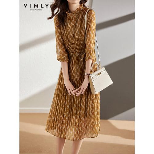 VIMLY Floral Chiffon Dress for Women Autumn 2021 Slim Waist Long Sleeve Pleated Midi Dresses Female Summer Vestido Rebo F8692