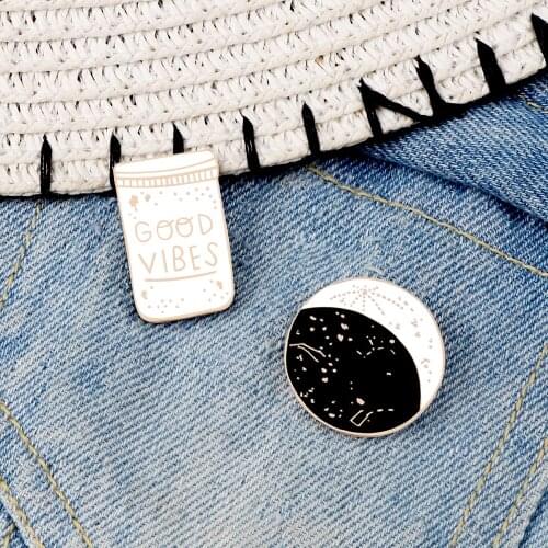 Good Vibes Enamel Pins Constellation Moon Phase Brooches Space Universe Button Badge Denim Jackets Lapel Pin Custom Badge Pins