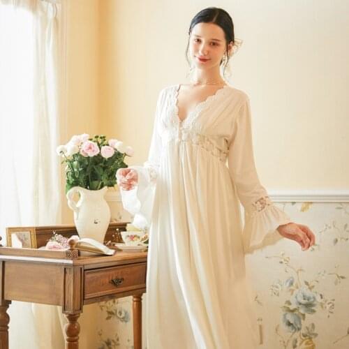 Long-Sleeved Cotton Nightgown Suit Female Autumn Nightdress Two-Piece Robe Sets Court-Style Sexy Nightwear Home Suit Sleepwear