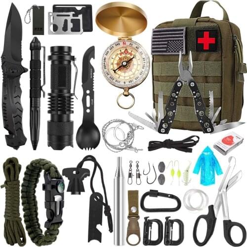 Outdoor emergency survival tools, tactical first aid equipment 32 in 1, camping equipment supplies, mens kit, family, hiking
